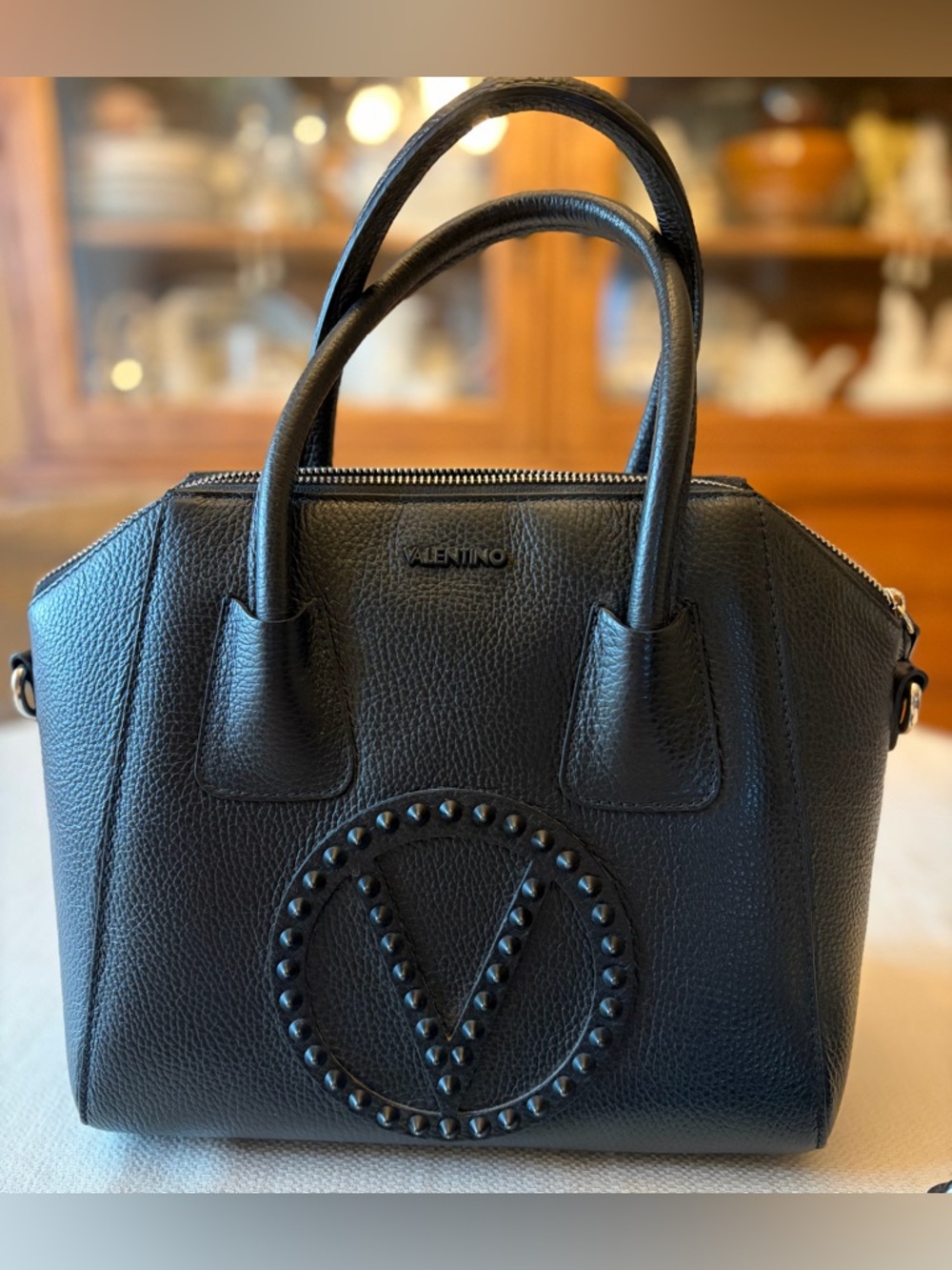 Valentino Black Leather Studded V-Logo Minimi Satchel Authentic Designer Luxury